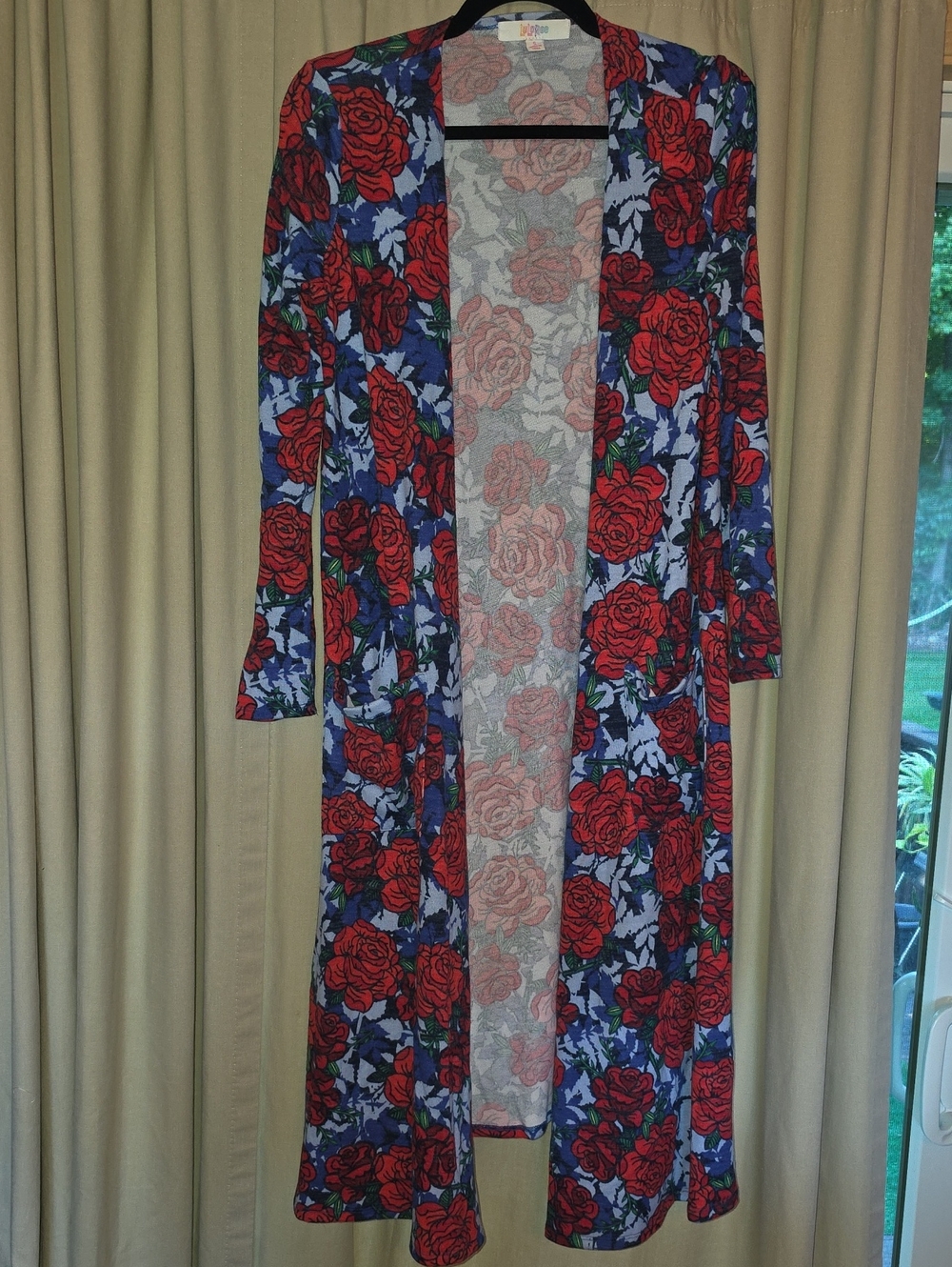 LuLaRoe Red Rose Print Open Front Sarah Duster Cardigan with Blue Background